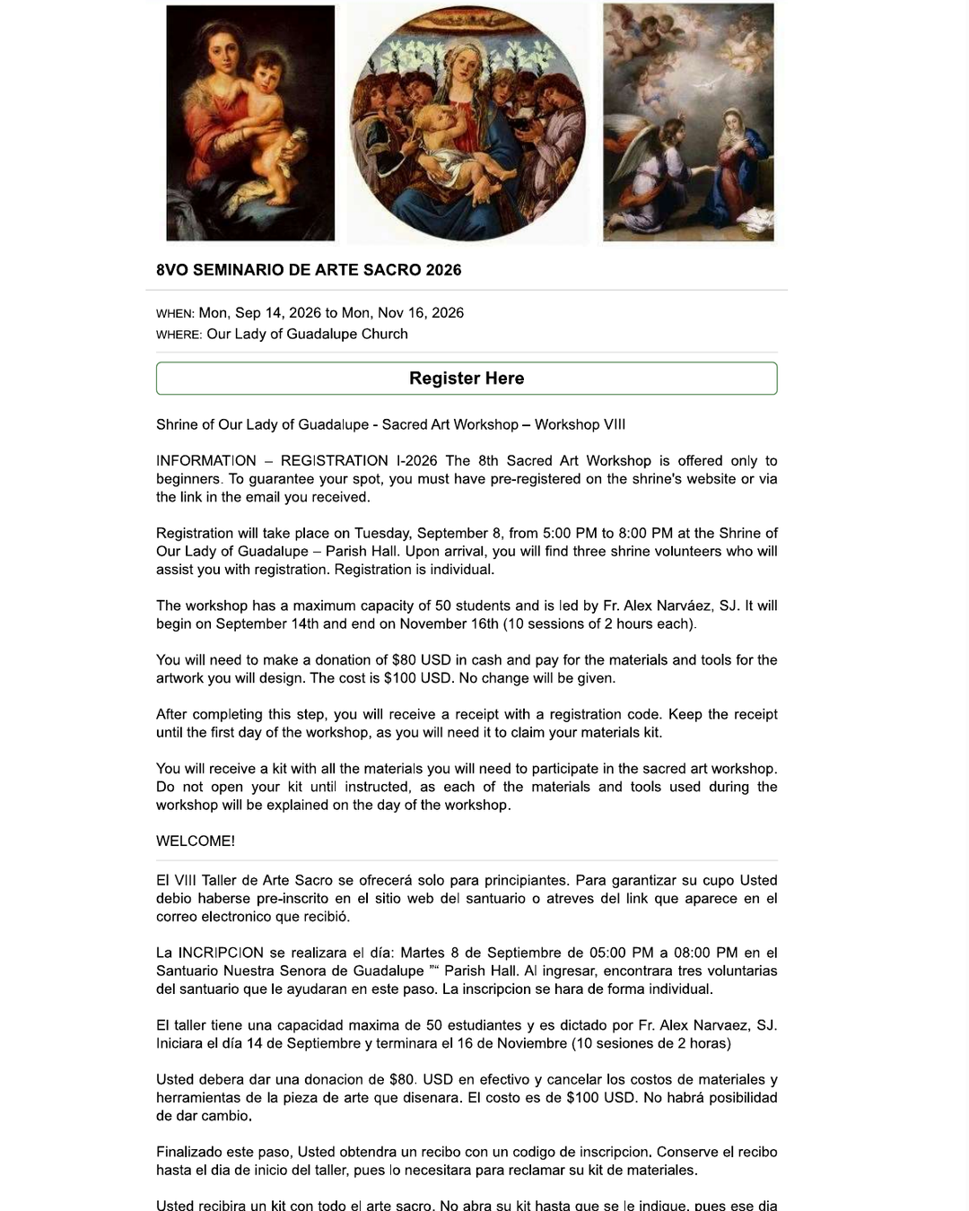 8vo Seminario de Arte Sacro 2026 / 8th Sacred Art Workshop                                                                                                                                                                                                                                                  